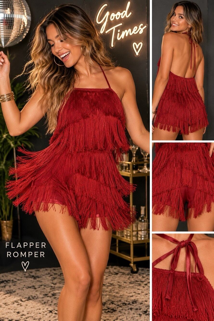 Sexy Red Flapper Fringe Halter Romper 1920s Gatsby Tiered Charleston Cocktail S